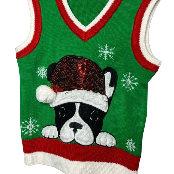 Merry Christmas POOF black white green red Frenchie bulldog sweater vest small s - Picture 3 of 6
